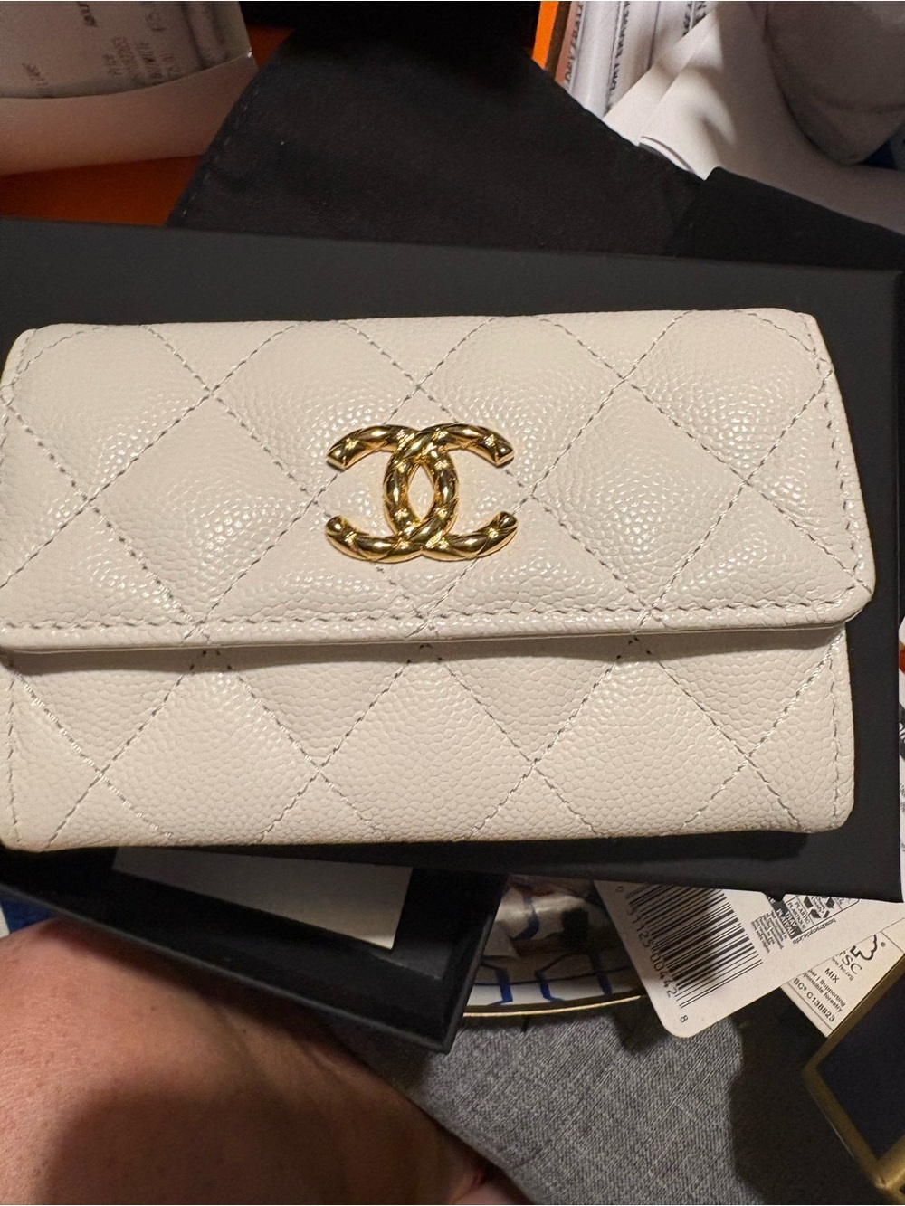 Chanel White Quilted Leather Card Holder with Gold Logo